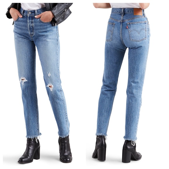 Levi’s Premium 501 High Rise Straight Leg Medium Wash Frayed / Distressed Jeans - Picture 13 of 14